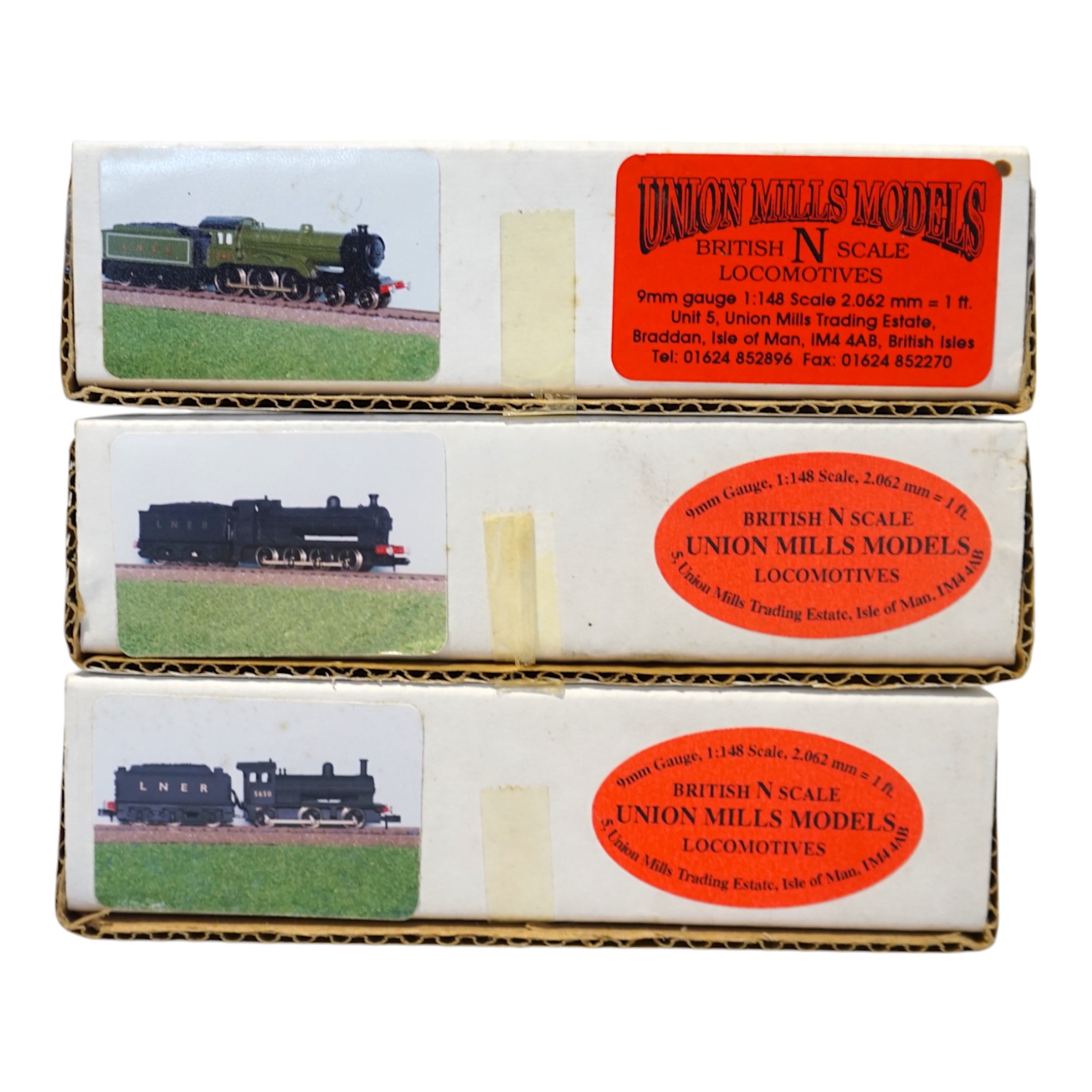 Three boxed Union Mills Models N gauge railway LNER locomotives; a Class B12, 1565, a Class Q2, 3359, and a Class J25, 5650. Condition - good.